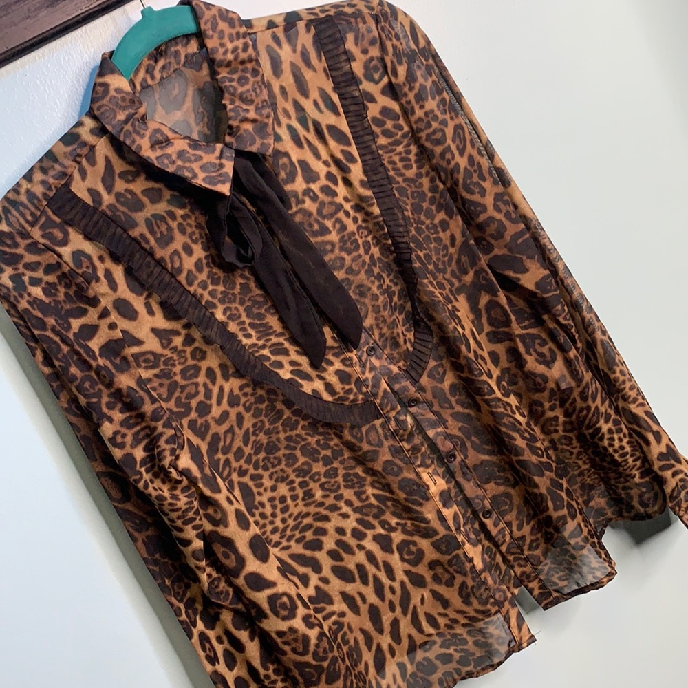 Leopard print tie neck blouse